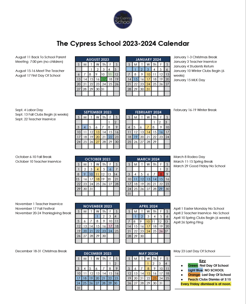 School Calendar The Cypress School